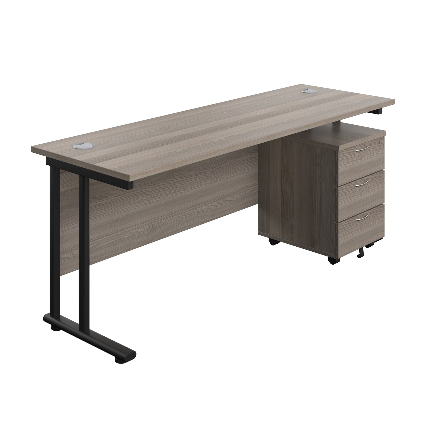 Aztec|Twin Upright|Rectangular|Desk with Mobile 3 Drawer Pedestal|1800x600|Grey Oak-Black