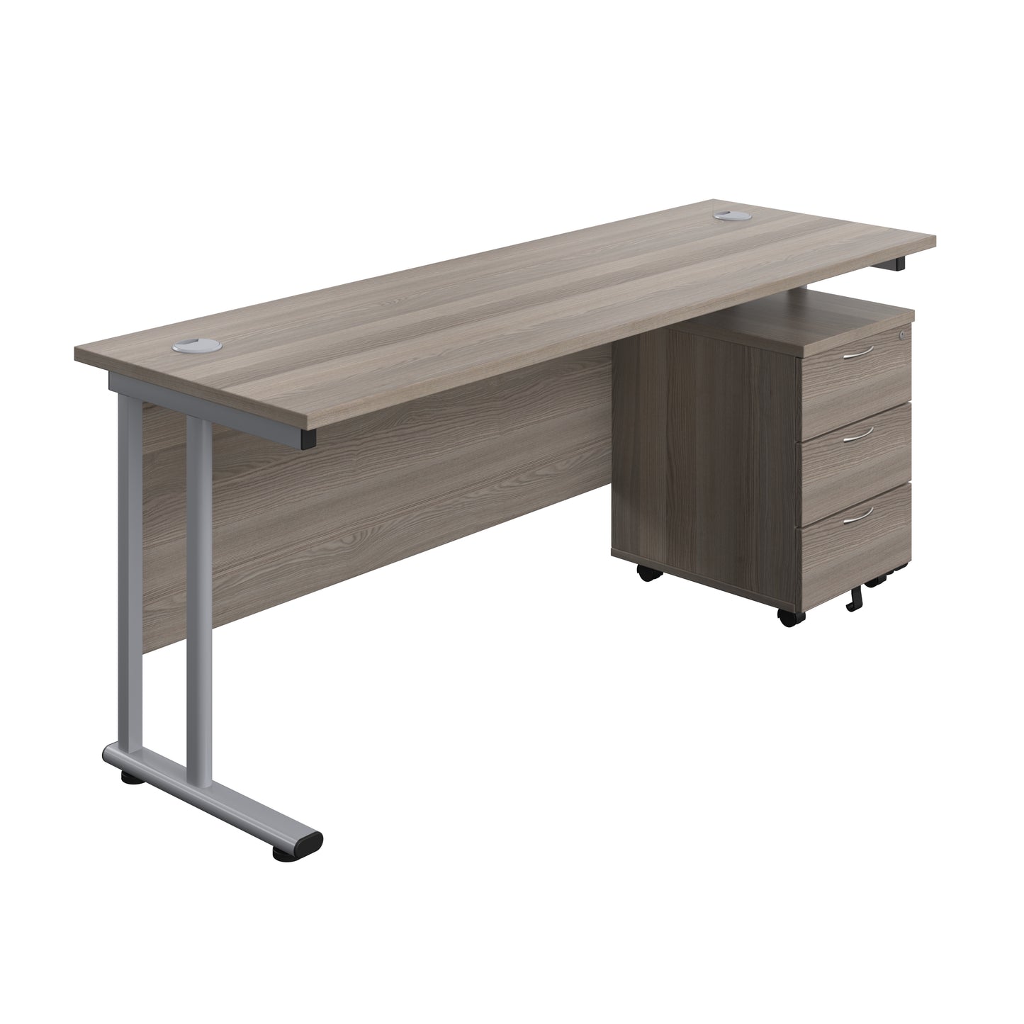 Aztec|Twin Upright|Rectangular|Desk with Mobile 3 Drawer Pedestal|1800x600|Grey Oak-Silver