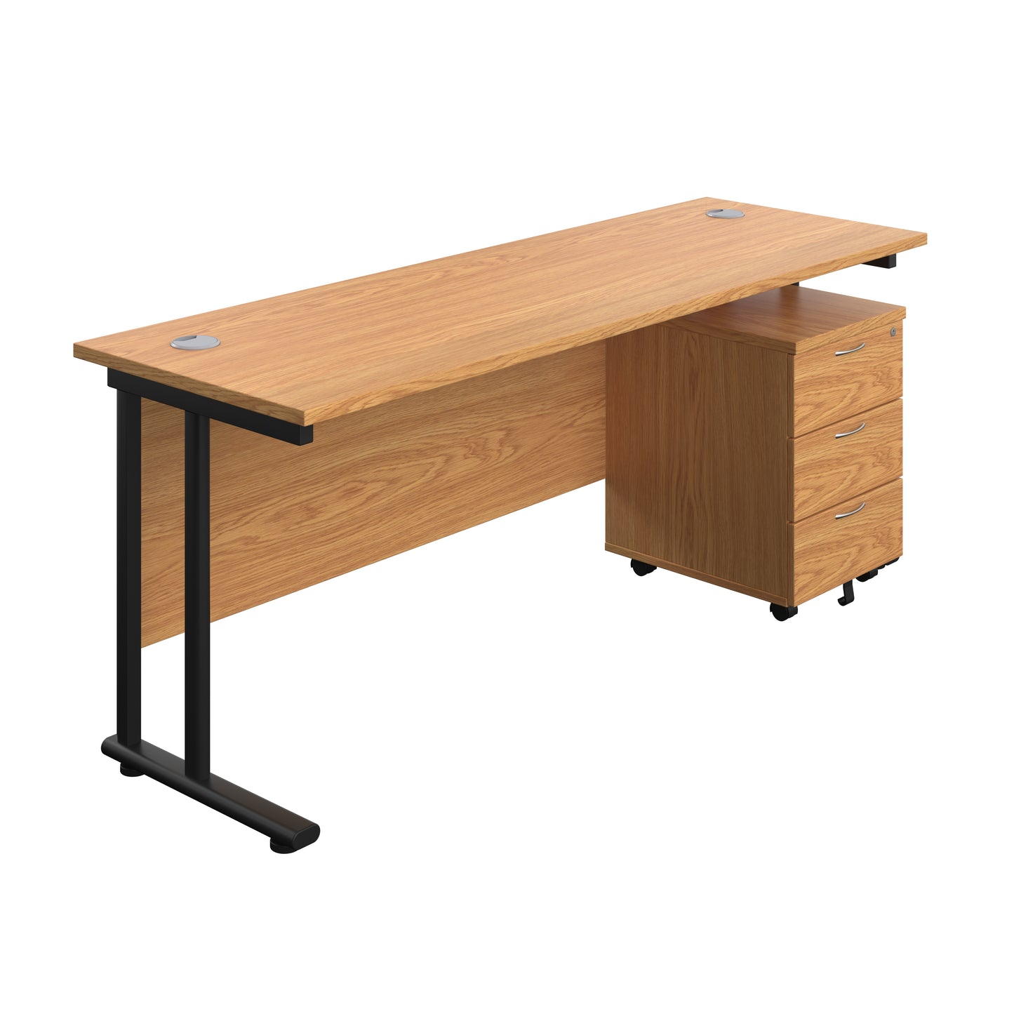 Aztec|Twin Upright|Rectangular|Desk with Mobile 3 Drawer Pedestal|1800x600|Nova Oak-Black