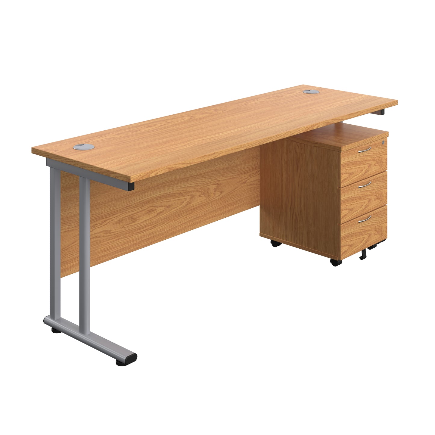 Aztec|Twin Upright|Rectangular|Desk with Mobile 3 Drawer Pedestal|1800x600|Nova Oak-Silver