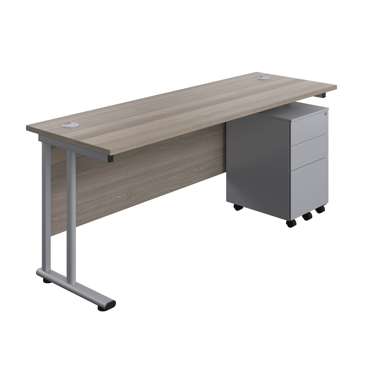 Aztec|Twin Upright|Rectangular|Desk with Under Desk Steel Pedestal 3 Drawer|1800x600|Grey Oak-Silver