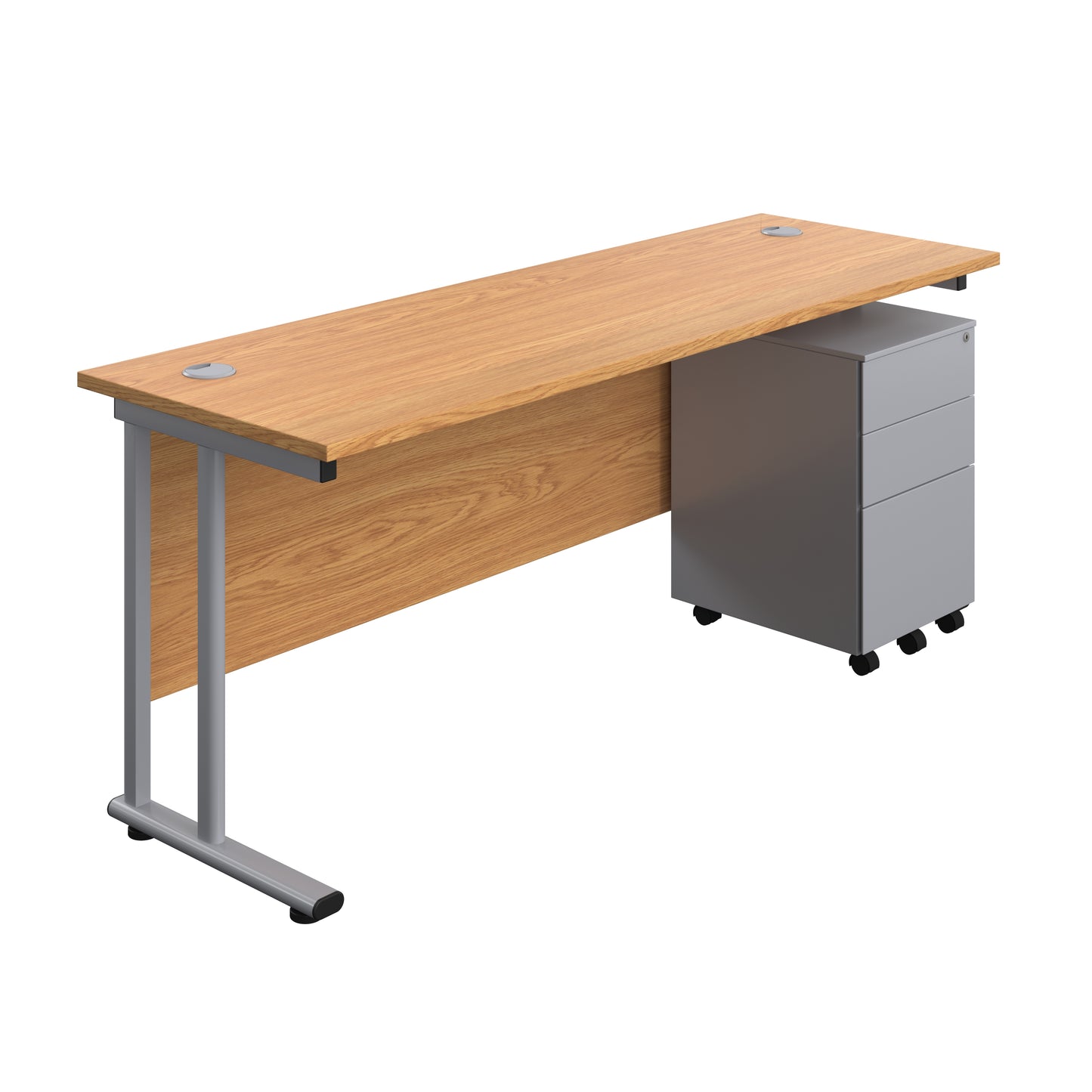 Aztec|Twin Upright|Rectangular|Desk with Under Desk Steel Pedestal 3 Drawer|1800x600|Nova Oak-Silver