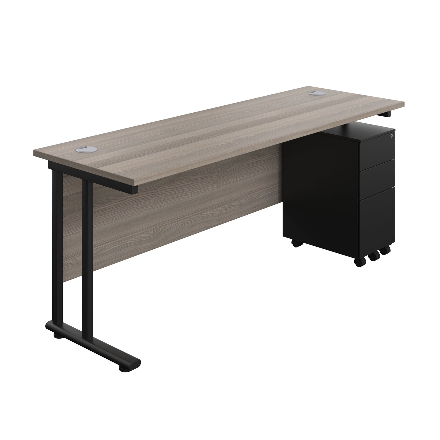 Aztec|Twin Upright|Rectangular|Desk with Slimline Steel Pedestal 3 Drawer|1800x600|Grey Oak-Black