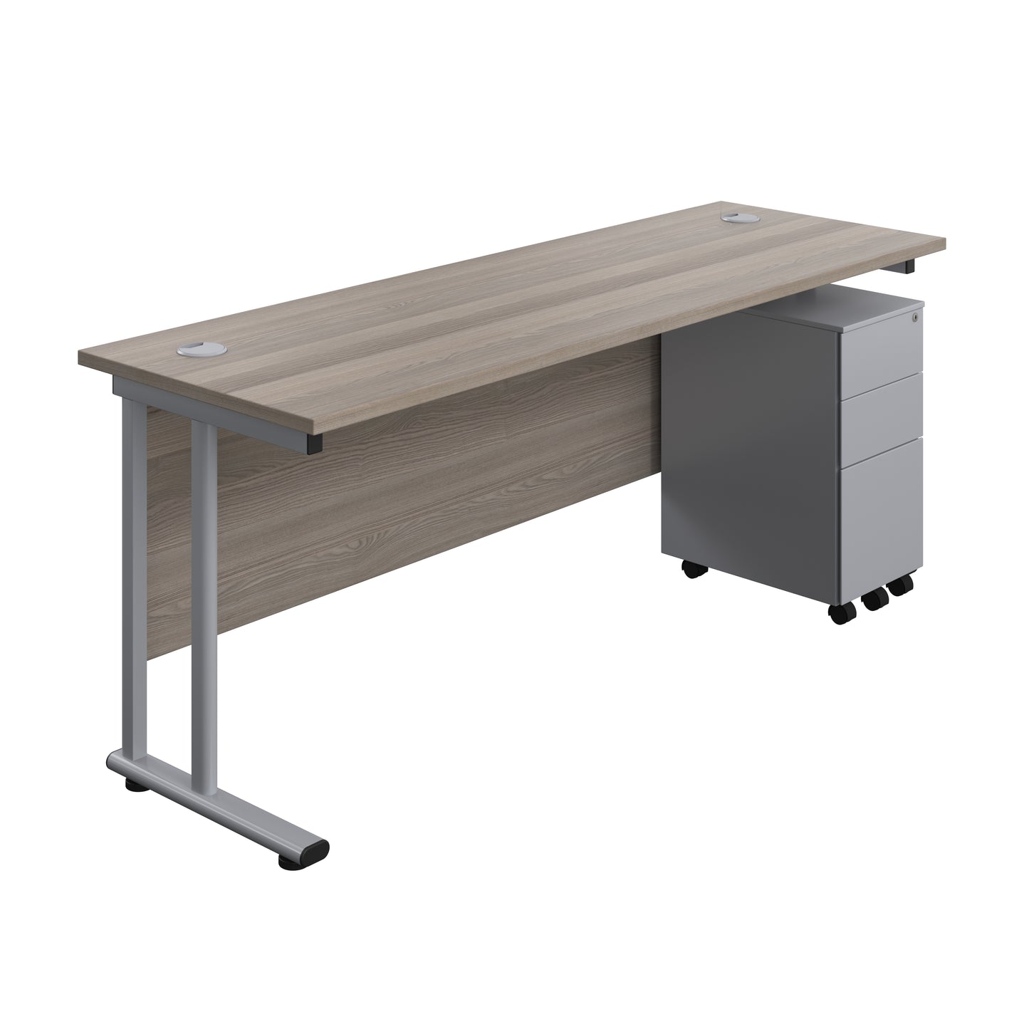 Aztec|Twin Upright|Rectangular|Desk with Slimline Steel Pedestal 3 Drawer|1800x600|Grey Oak-Silver