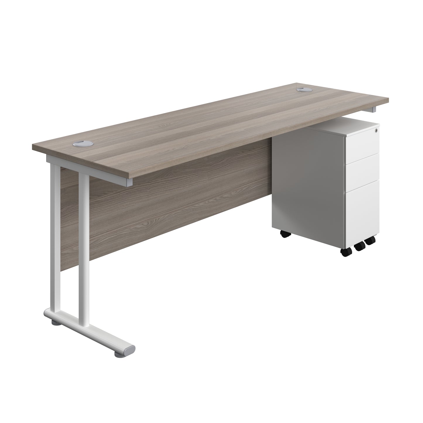Aztec|Twin Upright|Rectangular|Desk with Slimline Steel Pedestal 3 Drawer|1800x600|Grey Oak-White