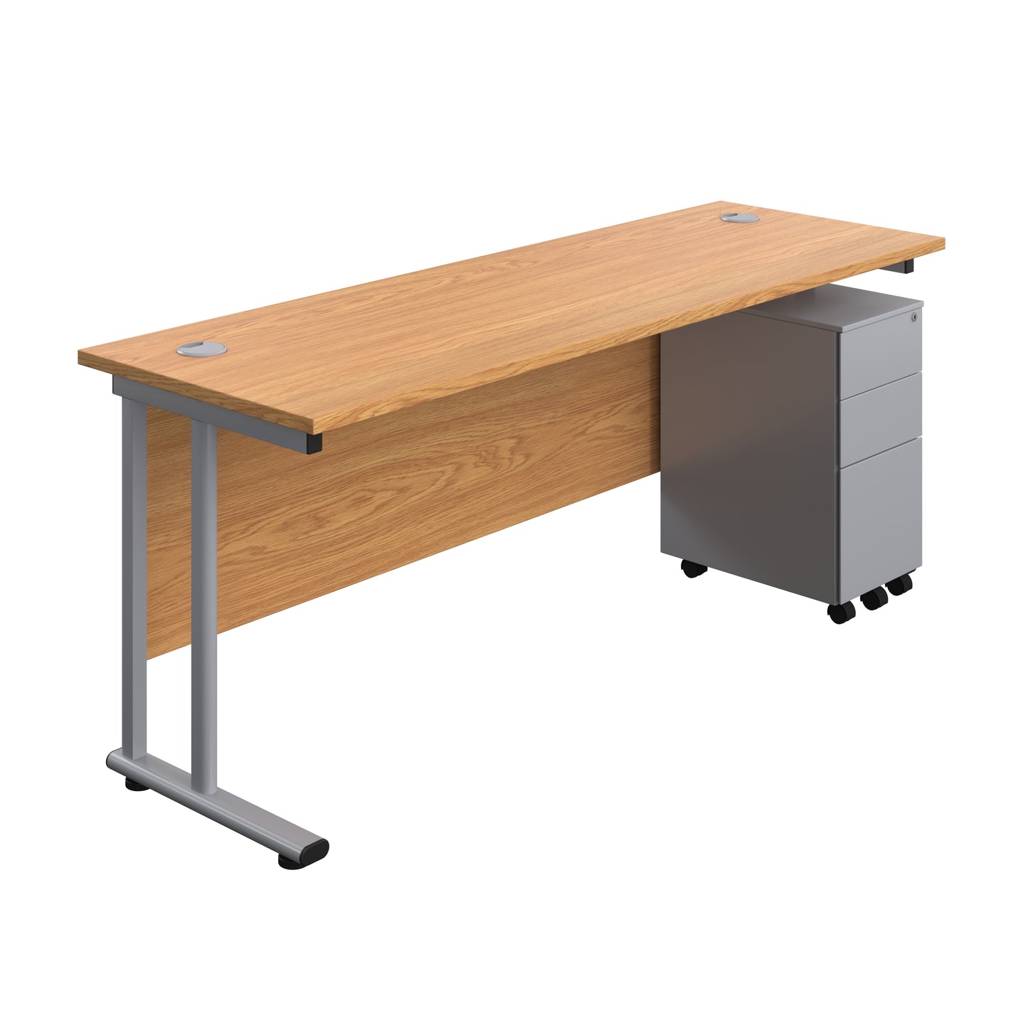 Aztec|Twin Upright|Rectangular|Desk with Slimline Steel Pedestal 3 Drawer|1800x600|Nova Oak-Silver