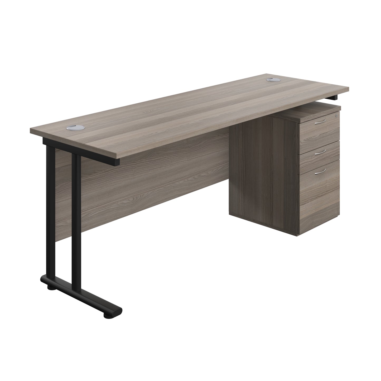 Aztec|Twin Upright|Rectangular|Desk with High Mobile Pedestal 3 Drawer|1800x600|Grey Oak-Black