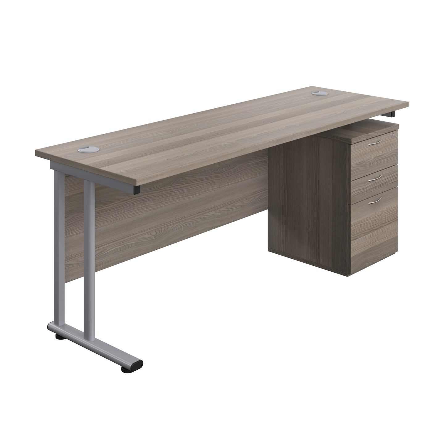 Aztec|Twin Upright|Rectangular|Desk with High Mobile Pedestal 3 Drawer|1800x600|Grey Oak-Silver