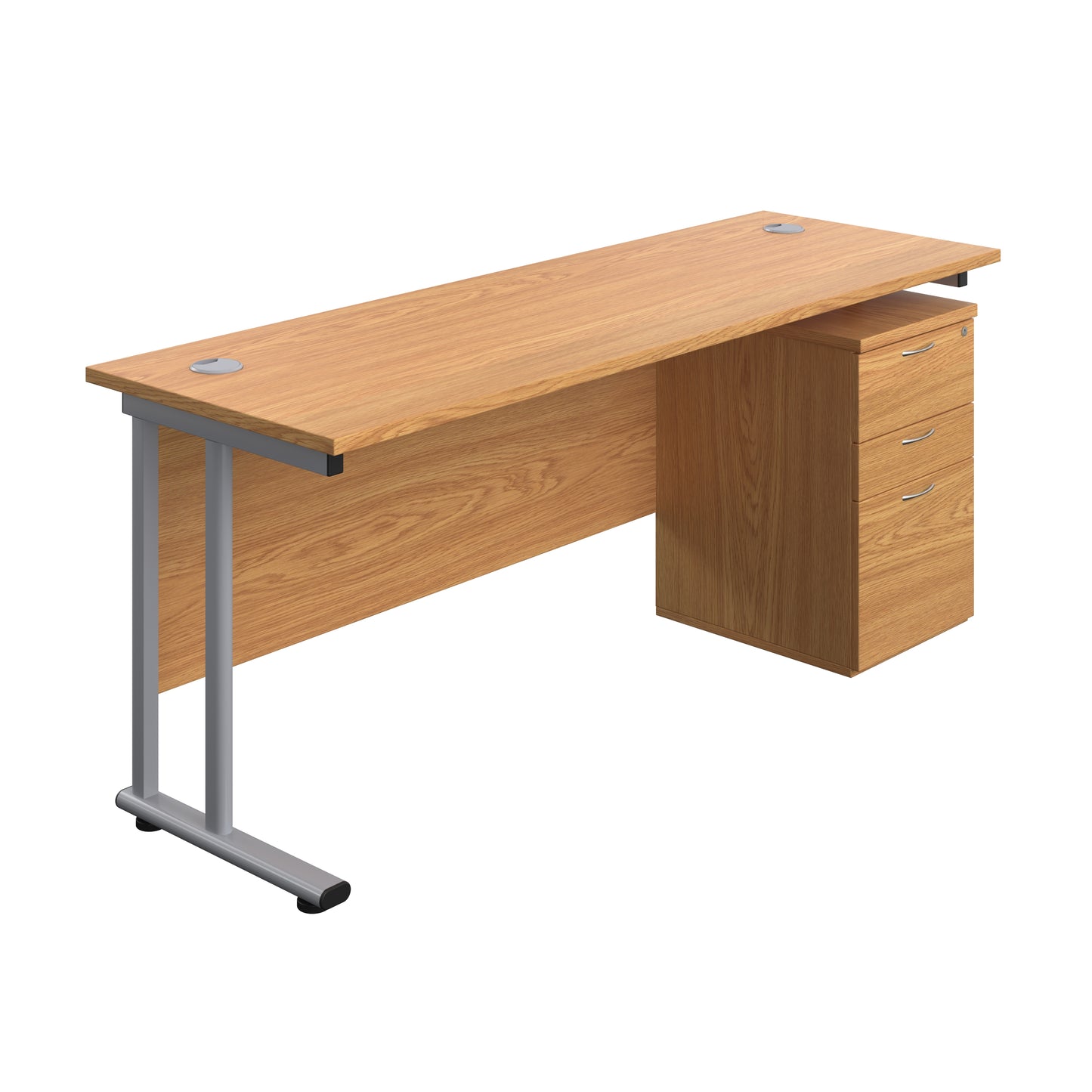 Aztec|Twin Upright|Rectangular|Desk with High Mobile Pedestal 3 Drawer|1800x600|Nova Oak-Silver