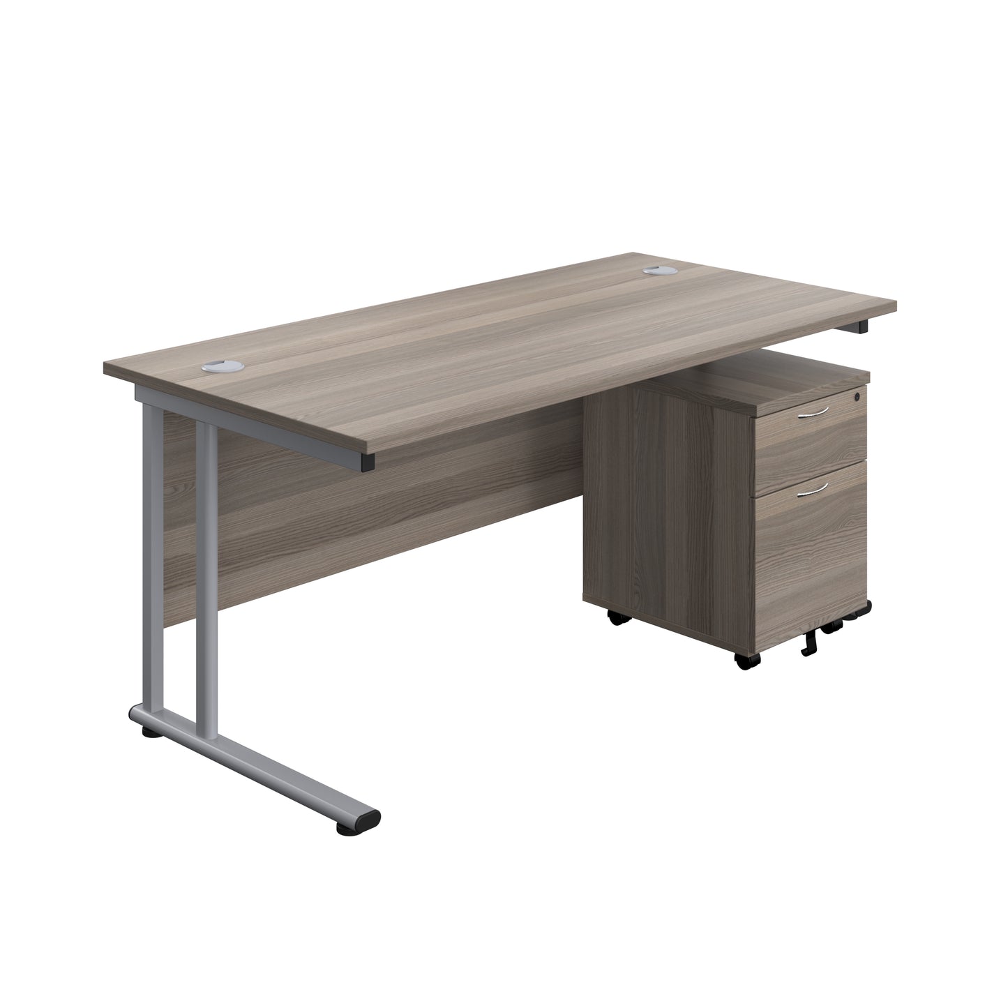 Aztec|Twin Upright|Rectangular Desk and Mobile 2 Drawer Pedestal (FSC)|1800x800|Grey Oak-Silver