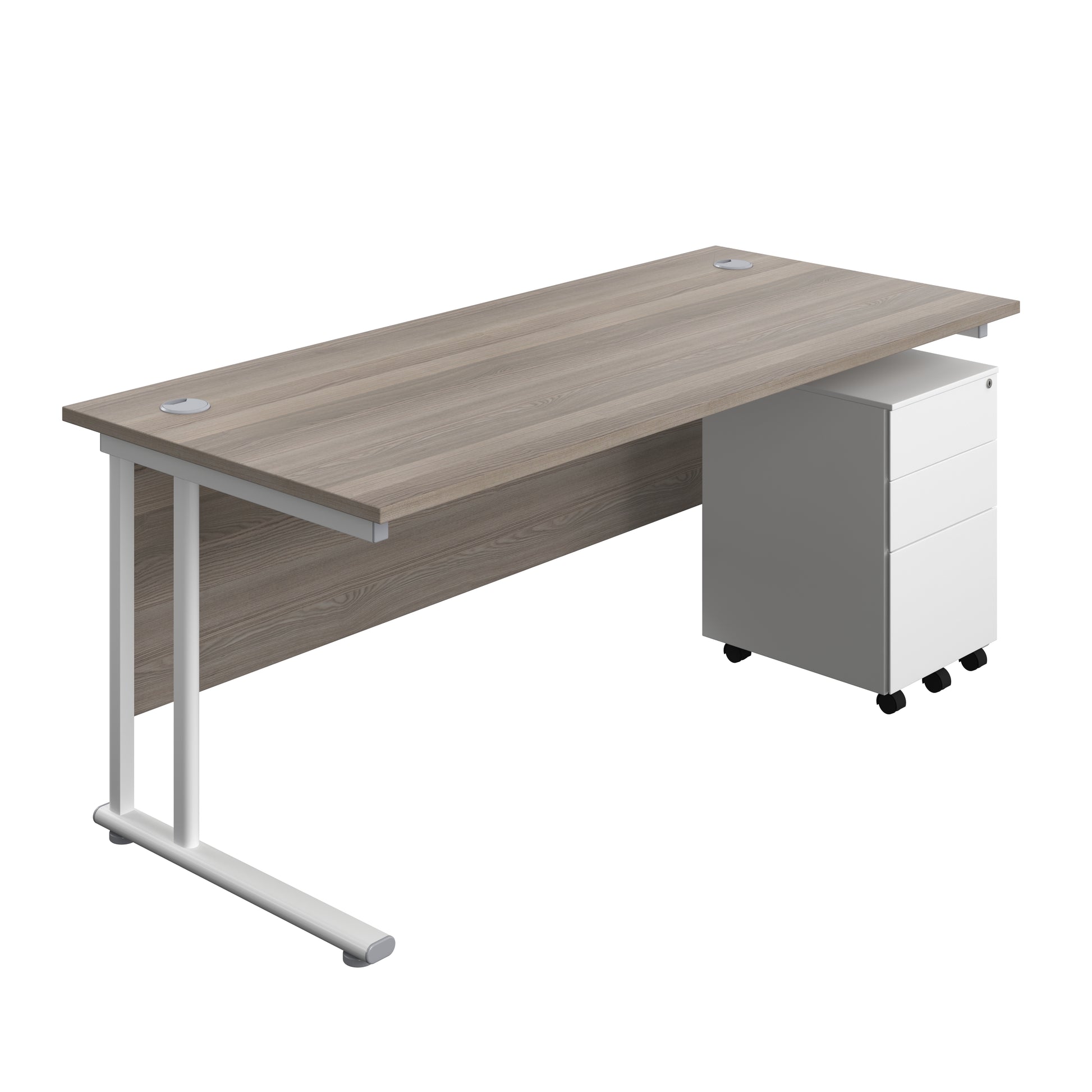 Aztec|Twin Upright|Rectangular|Desk with Under Desk Steel Pedestal 3 Drawer|1800x800|Grey Oak-White