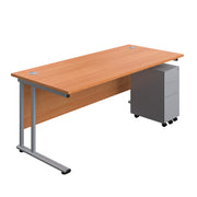 Twin Upright Rectangular Desk + Slimline Steel Pedestal 3 Drawers (FSC)