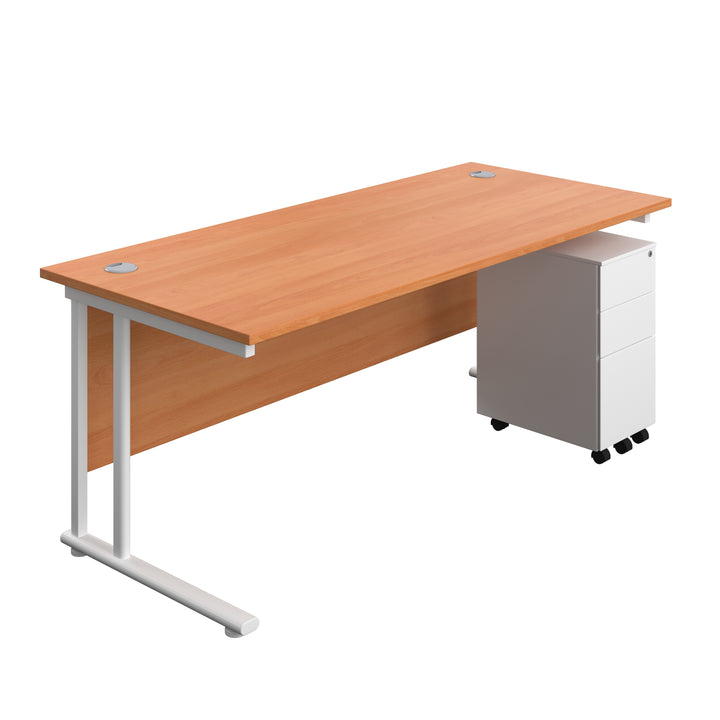 Twin Upright Rectangular Desk + Slimline Steel Pedestal 3 Drawers (FSC)