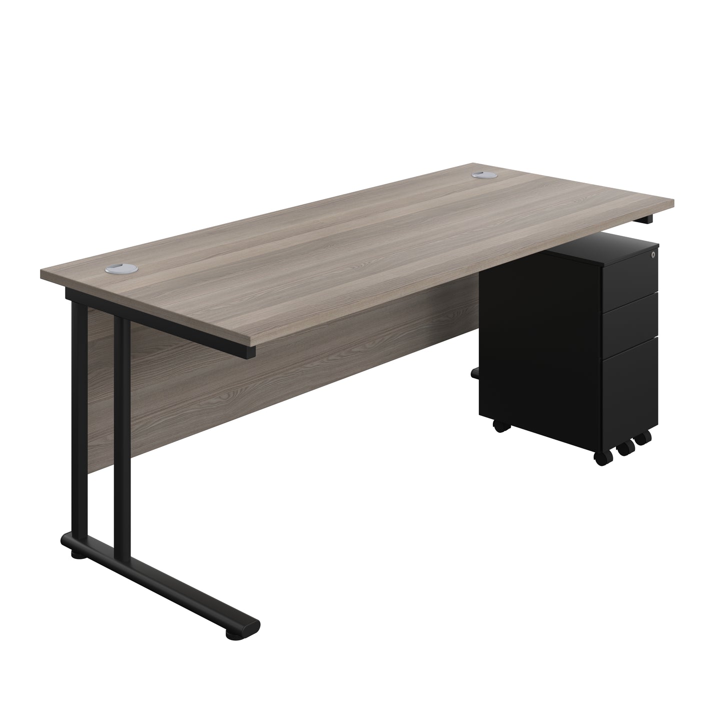 Aztec|Twin Upright|Rectangular|Desk with Slimline Steel Pedestal 3 Drawer|1800x800|Grey Oak-Black