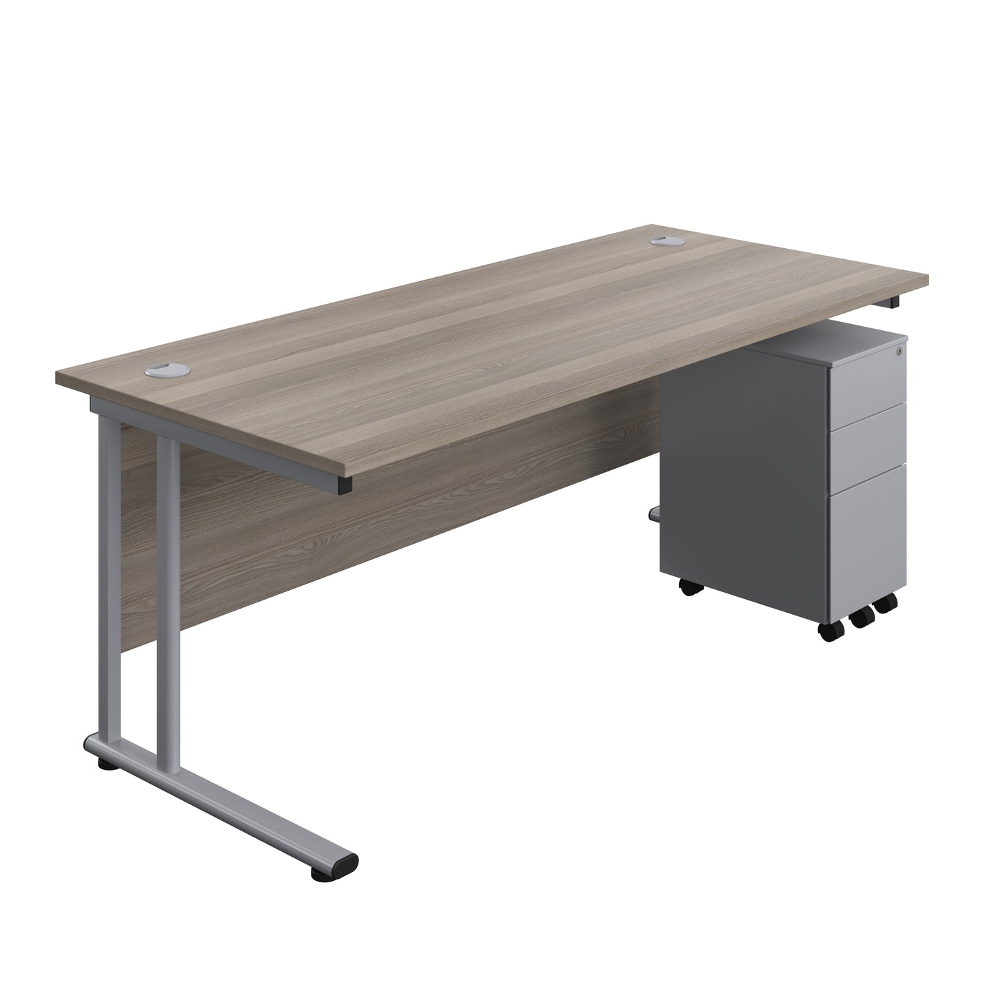 Aztec|Twin Upright|Rectangular|Desk with Slimline Steel Pedestal 3 Drawer|1800x800|Grey Oak-Silver