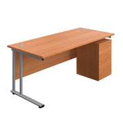 Twin Upright Rectangular Desk + High Mobile Pedestal 3 Drawer (FSC)