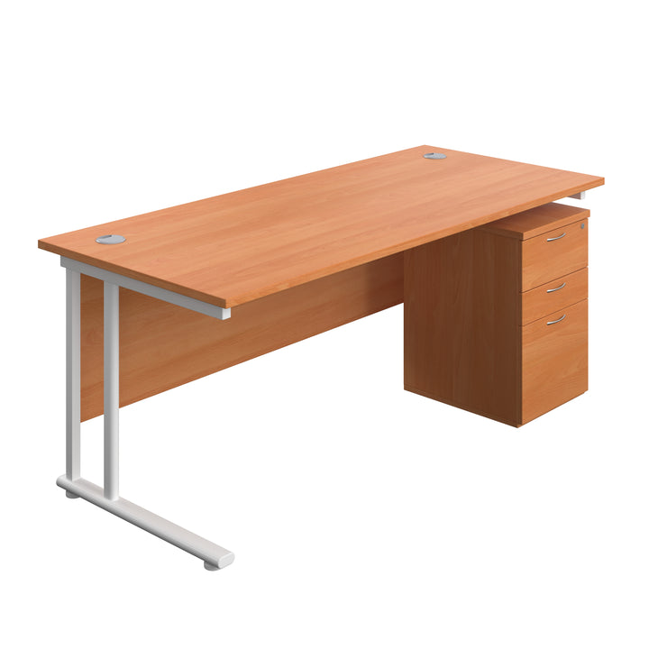 Twin Upright Rectangular Desk + High Mobile Pedestal 3 Drawer (FSC)