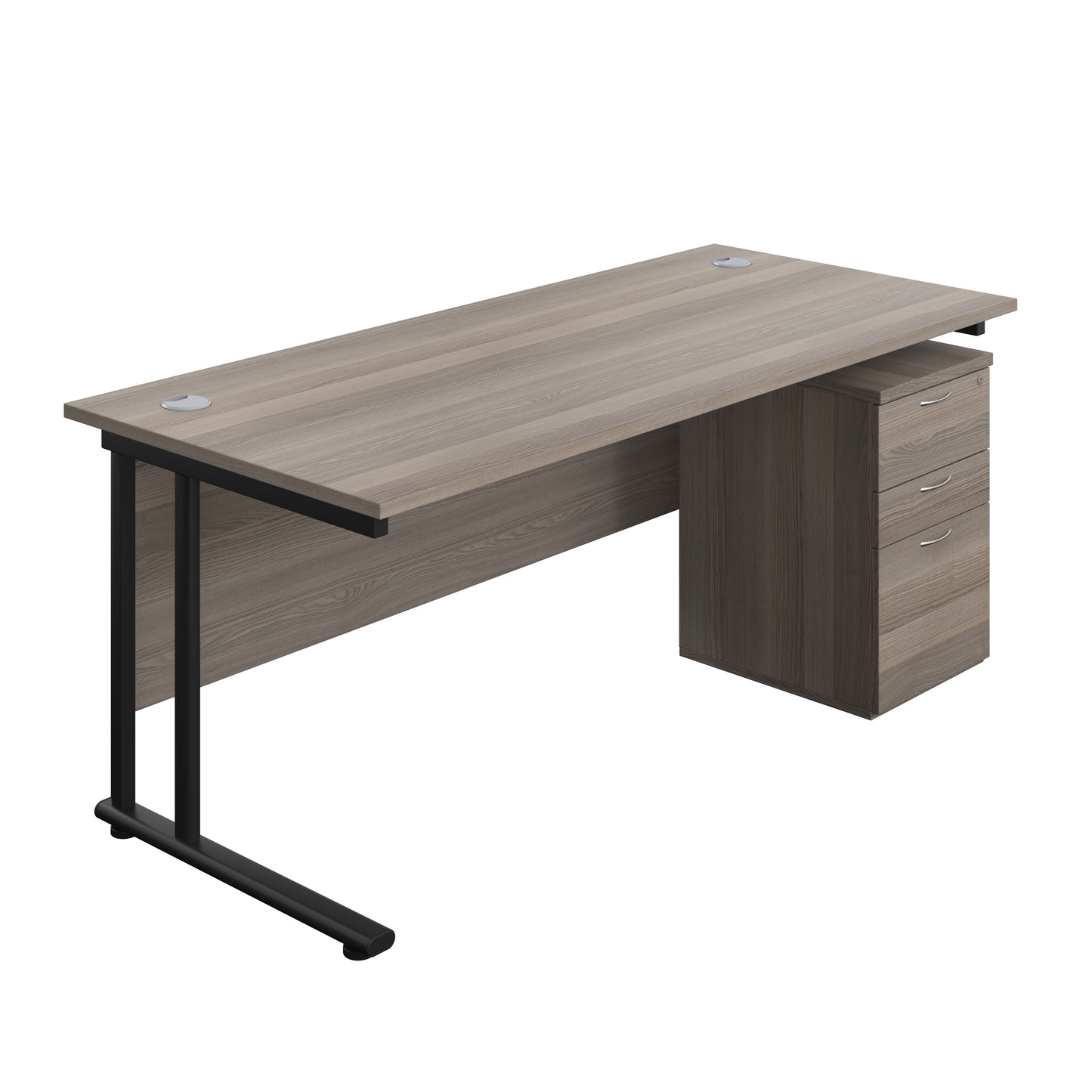 Aztec|Twin Upright|Rectangular|Desk with High Mobile Pedestal 3 Drawer|1800x800|Grey Oak-Black
