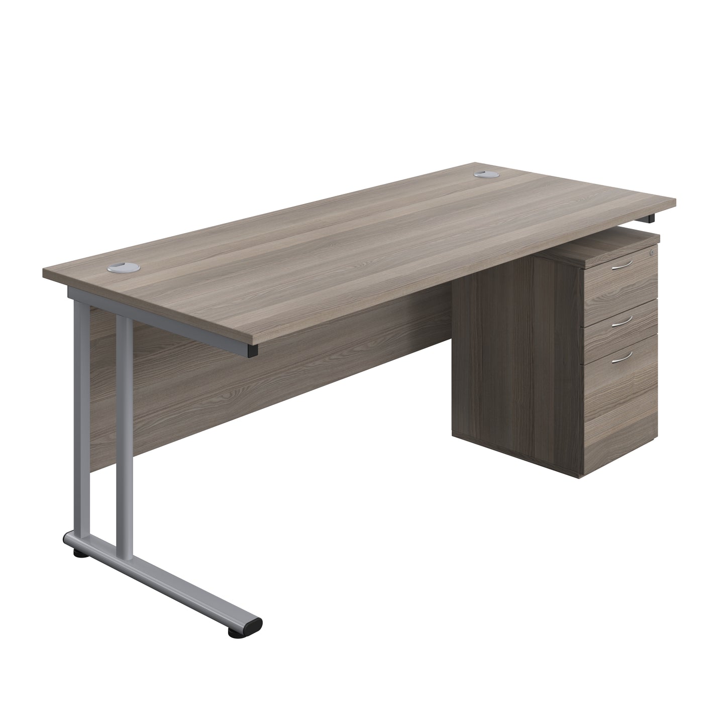 Aztec|Twin Upright|Rectangular|Desk with High Mobile Pedestal 3 Drawer|1800x800|Grey Oak-Silver