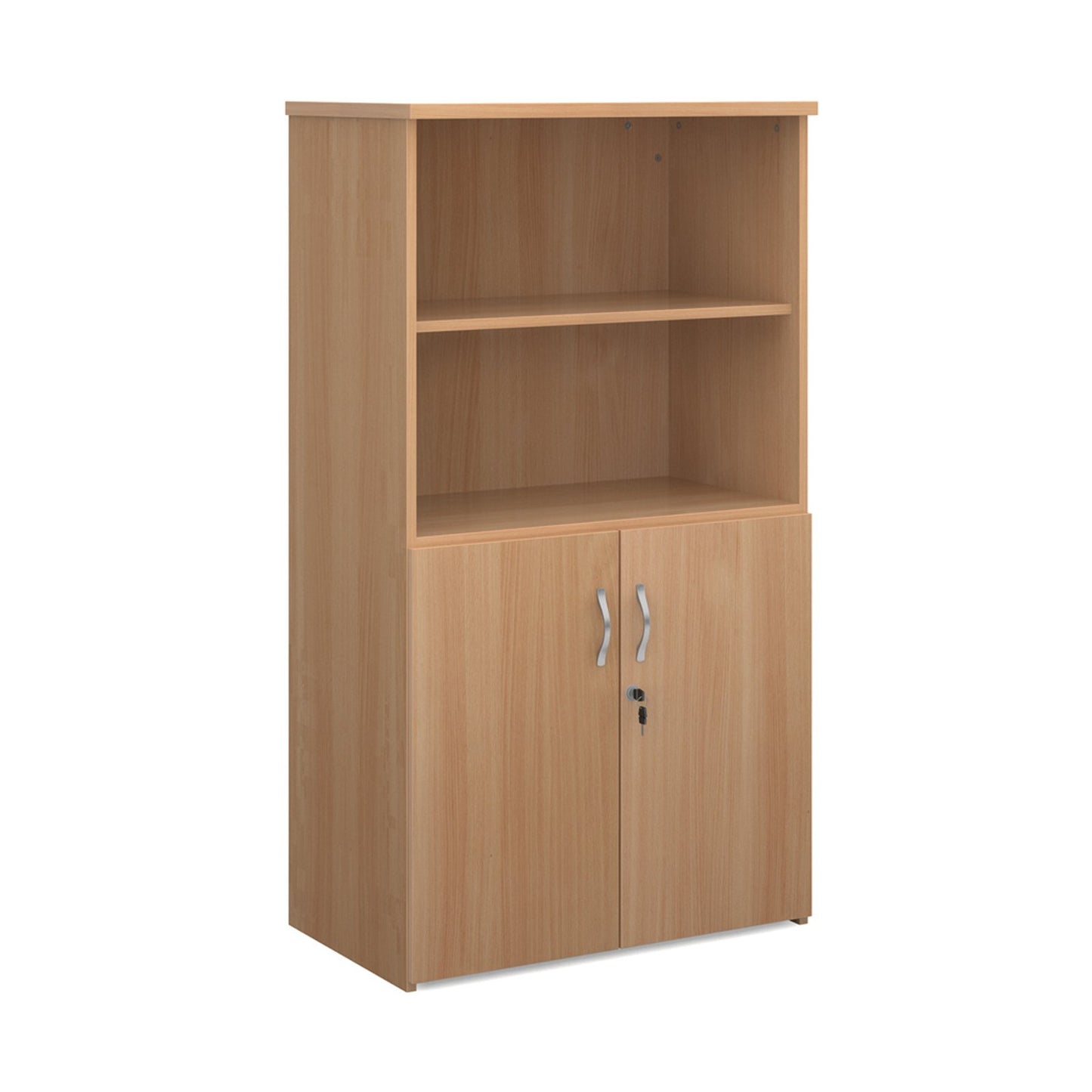 A wooden combination unit with open top, featuring a beech wood finish, with two doors and silver handles, likely used for office storage and organization.