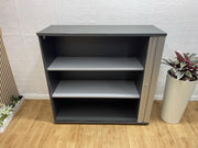 Haworth Graphite Wood Storage Cabinet with Silver Tambour Shutter – Office Cupboard