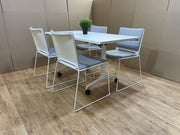 White Mobile Folding Table With Designer Italian Stacking Chairs - Can DELIVER
