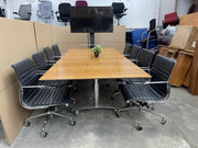 Walnut Mobile Meeting Table With 8 X Leather Adjustable Chairs