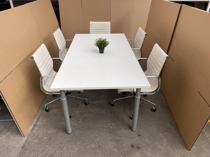 Executive White Meeting Table & 8 X White Leather Adjustable - CAN DELIVER