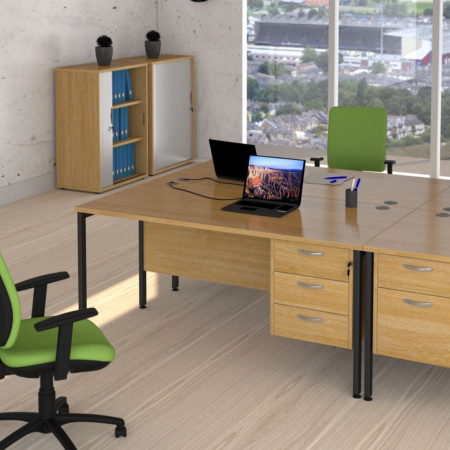 Maestro 25 H-Frame 800mm deep desk with 2 drawer ped