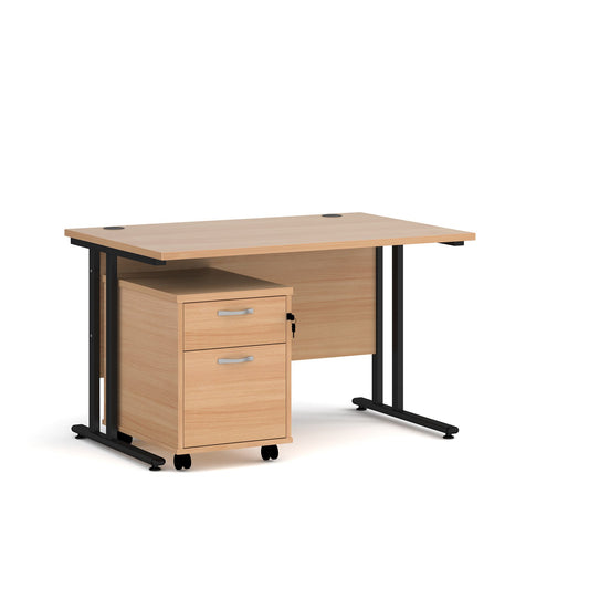 Straight desk 800mm deep with 2 drawer pedestal - rectangle desk in white, walnut, grey oak, oak and beech